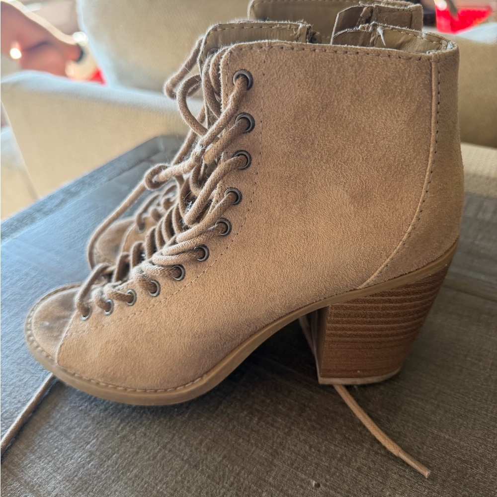 Lace-Up Suede Block Heel Bootie in Taupe